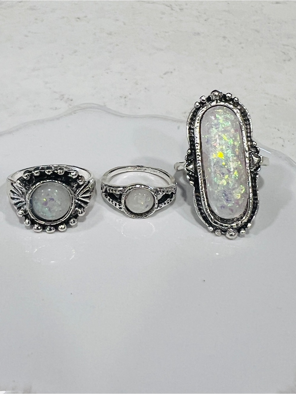 Silver Tone Metal Oval White Opal Bezel Set Cocktail Band Rings Lot 3 Sz 7/4